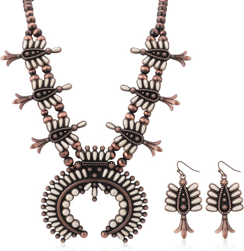 JMScape 4 PCS Western Turquoise Jewelry for Women Boho Vintage Navajo Pearl Necklace Earring Bracelet Ring Set Country Cowgirl Accessories for Gift - Image 1